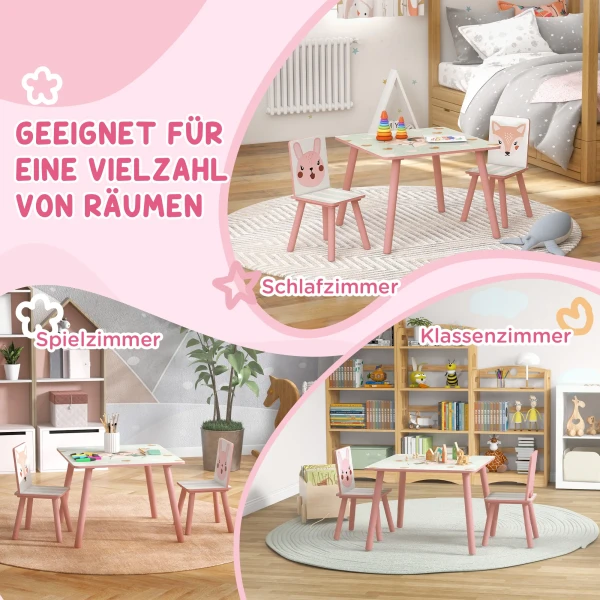 Zonekiz kinderset van dennenhout, tafel met 2 stoelen, dierenmotief, kinderkamer, 3 8 jaar, roze 7