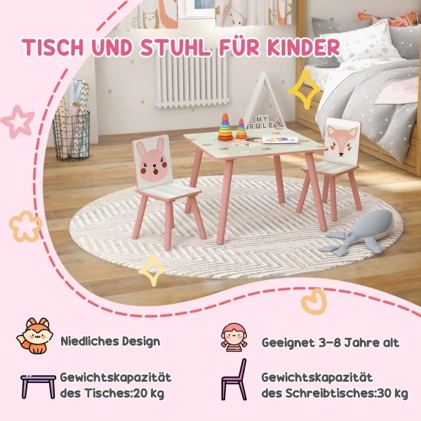 Zonekiz kinderset van dennenhout, tafel met 2 stoelen, dierenmotief, kinderkamer, 3 8 jaar, roze 8
