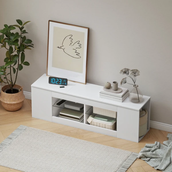 140 Cm TV standaard, TV meubel, 6 Vakken, 2 Glazen Planken, Spaanplaat, Wit