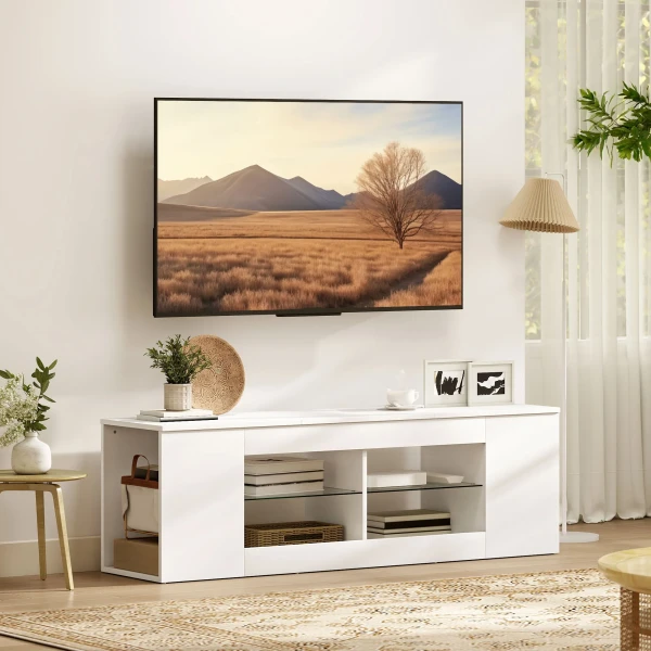 140 Cm TV standaard, TV meubel, 6 Vakken, 2 Glazen Planken, Spaanplaat, Wit