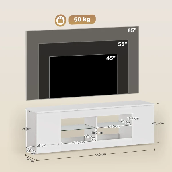 140 Cm TV standaard, TV meubel, 6 Vakken, 2 Glazen Planken, Spaanplaat, Wit