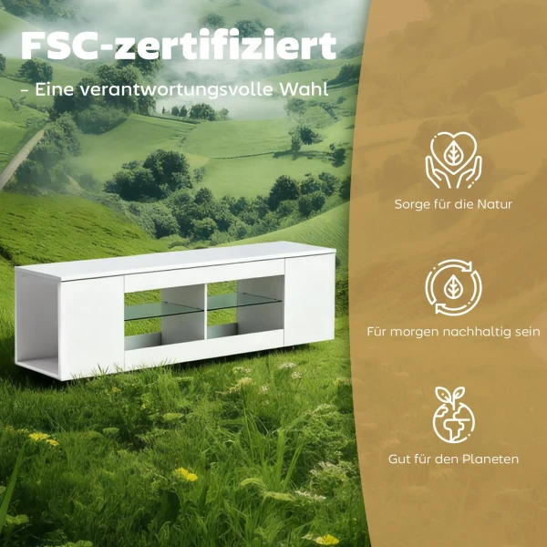 140 Cm TV standaard, TV meubel, 6 Vakken, 2 Glazen Planken, Spaanplaat, Wit