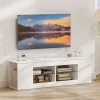 140 Cm TV standaard, TV meubel, 6 Vakken, 2 Glazen Planken, Spaanplaat, Wit