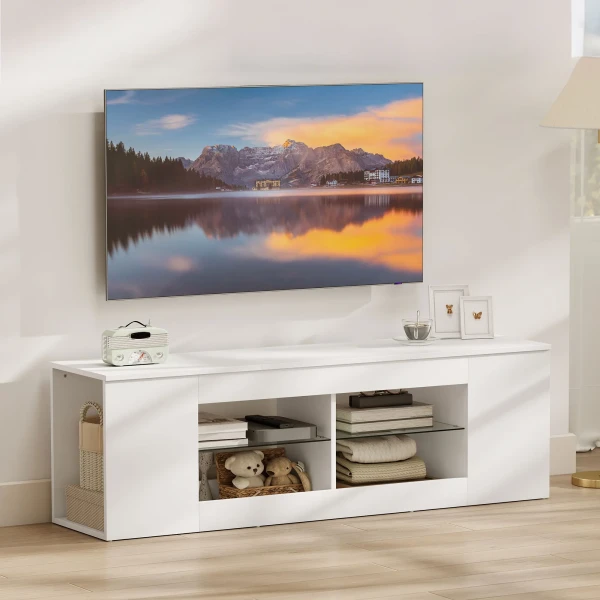 140 Cm TV standaard, TV meubel, 6 Vakken, 2 Glazen Planken, Spaanplaat, Wit