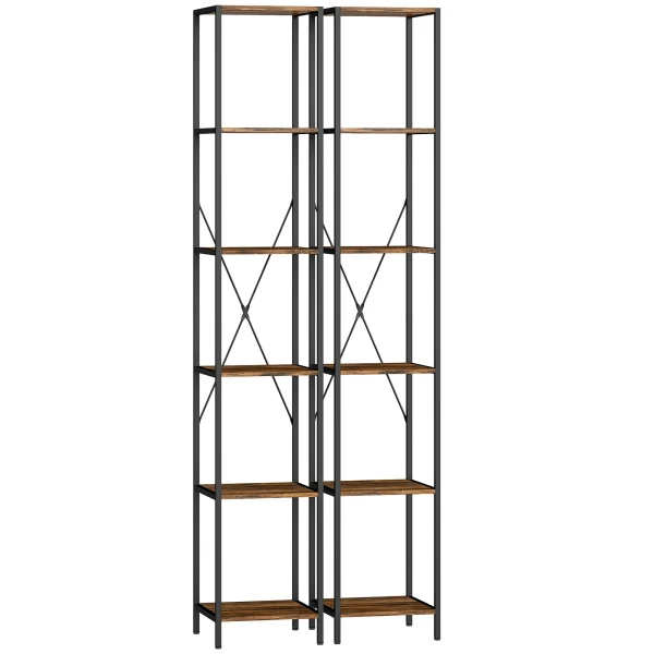 2 delige Set 6 laags Boekenkast, Stalen Frame, Voor Woonkamer, Kantoor, Slaapkamer, Rustiek Bruin