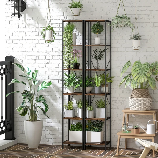 2 delige Set 6 laags Boekenkast, Stalen Frame, Voor Woonkamer, Kantoor, Slaapkamer, Rustiek Bruin