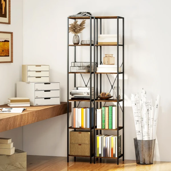 2 delige Set 6 laags Boekenkast, Stalen Frame, Voor Woonkamer, Kantoor, Slaapkamer, Rustiek Bruin