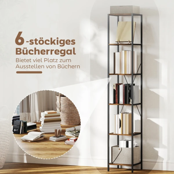 2 delige Set 6 laags Boekenkast, Stalen Frame, Voor Woonkamer, Kantoor, Slaapkamer, Rustiek Bruin