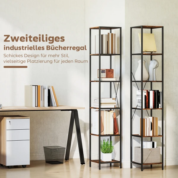 2 delige Set 6 laags Boekenkast, Stalen Frame, Voor Woonkamer, Kantoor, Slaapkamer, Rustiek Bruin