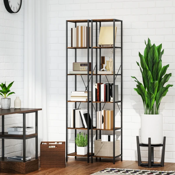 2 delige Set 6 laags Boekenkast, Stalen Frame, Voor Woonkamer, Kantoor, Slaapkamer, Rustiek Bruin