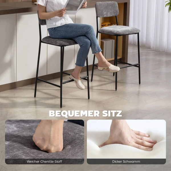 2 delige Set Barkrukken, Gevoerde Hoge Stoelen Voor Keukenbar, Huisbar, Rugleuning, Voetensteun, Stoffen Bekleding, Staal, Grijs