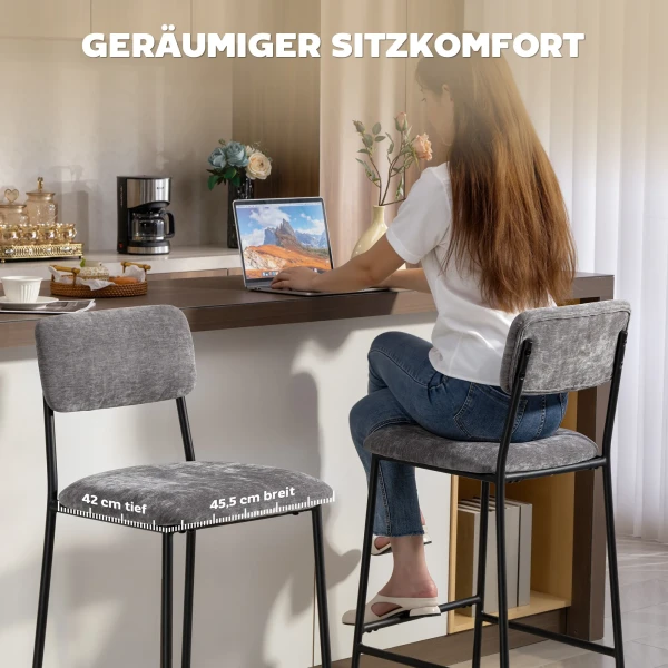 2 delige Set Barkrukken, Gevoerde Hoge Stoelen Voor Keukenbar, Huisbar, Rugleuning, Voetensteun, Stoffen Bekleding, Staal, Grijs