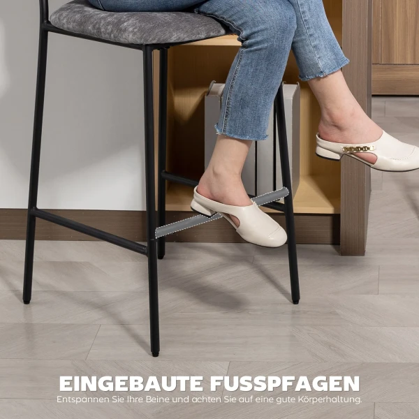 2 delige Set Barkrukken, Gevoerde Hoge Stoelen Voor Keukenbar, Huisbar, Rugleuning, Voetensteun, Stoffen Bekleding, Staal, Grijs