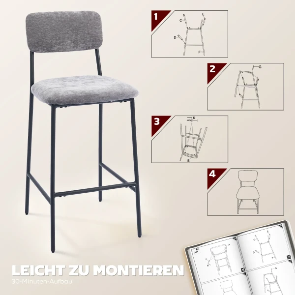 2 delige Set Barkrukken, Gevoerde Hoge Stoelen Voor Keukenbar, Huisbar, Rugleuning, Voetensteun, Stoffen Bekleding, Staal, Grijs