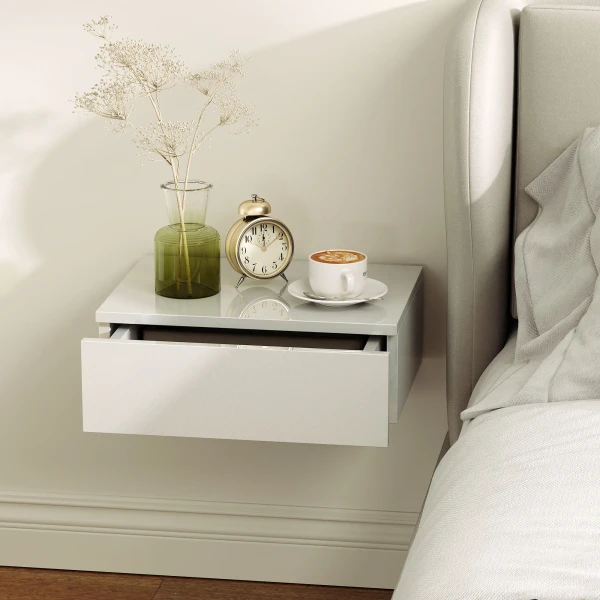 2 delige Set Nachtkastjes, Wandmontage Ontwerp, Lade, Voor Slaapkamer, Spaanplaat, Wit