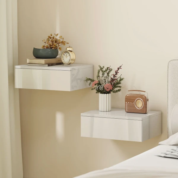 2 delige Set Nachtkastjes, Wandmontage Ontwerp, Lade, Voor Slaapkamer, Spaanplaat, Wit