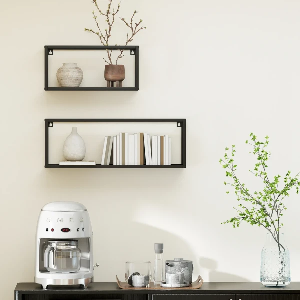 2 delige Set Wandplanken, 15 Kg Draagvermogen, Voor Wandmontage, Staal, Zwart