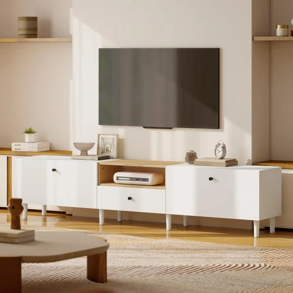 200 Cm TV meubel Voor Televisies Tot 90 Inch, 2 Klepvakken, Open Vak, Lade, 8 Poten, Spaanplaat, Wit