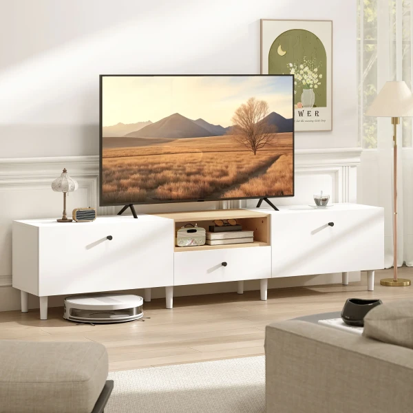 200 Cm TV meubel Voor Televisies Tot 90 Inch, 2 Klepvakken, Open Vak, Lade, 8 Poten, Spaanplaat, Wit