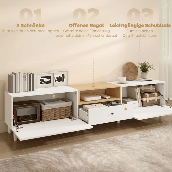 200 Cm TV meubel Voor Televisies Tot 90 Inch, 2 Klepvakken, Open Vak, Lade, 8 Poten, Spaanplaat, Wit