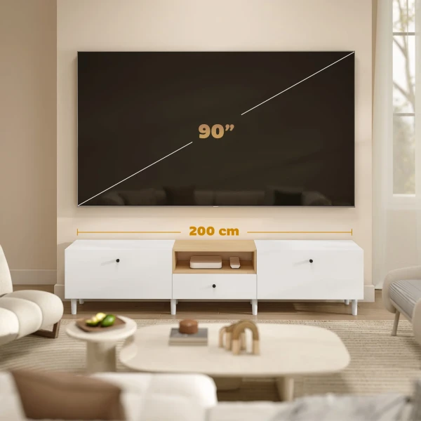 200 Cm TV meubel Voor Televisies Tot 90 Inch, 2 Klepvakken, Open Vak, Lade, 8 Poten, Spaanplaat, Wit