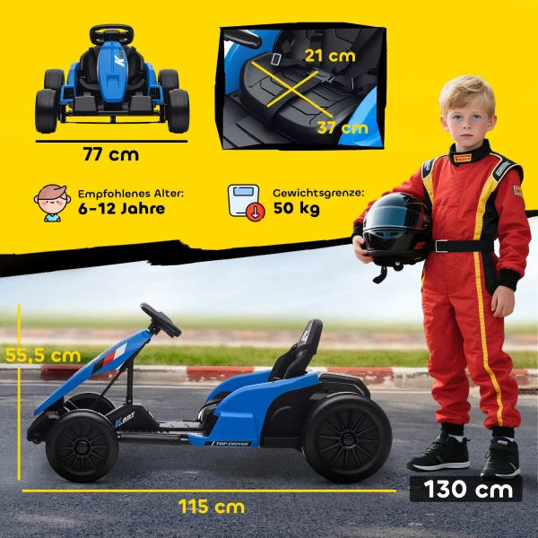 24V Elektrisch Go Kart, Drift Modus, Verstelbare Stoel, 5 punts Veiligheidsgordel, Muziekfunctie, Claxon, 6 12 Jaar Blauw
