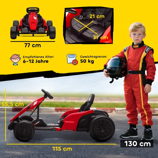24V Elektrisch Go Kart, Drift Modus, Verstelbare Zitplaats, 5 punts Veiligheidsgordel, Muziekfunctie, Claxon, 6 12 Jaar Rood