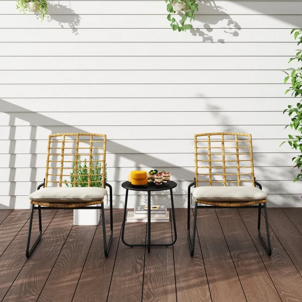 3 delige Tuinmeubelset, 2 Rotan Stoelen, 1 Tafel Met Metalen Plaat, Zitkussens, Bistroset, Beige & Bruin