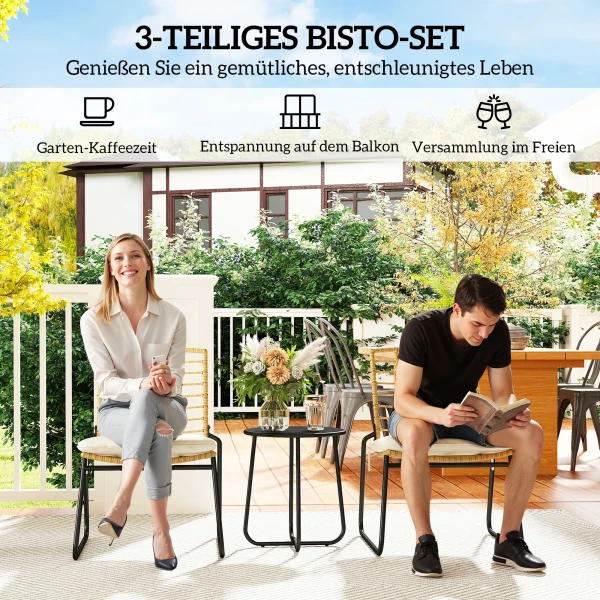 3 delige Tuinmeubelset, 2 Rotan Stoelen, 1 Tafel Met Metalen Plaat, Zitkussens, Bistroset, Beige & Bruin