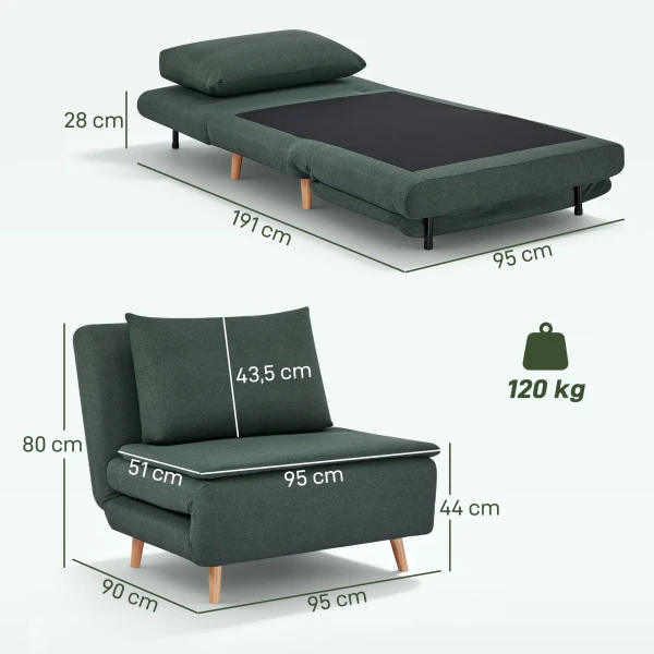 3 in 1 Slaapstoel Met Bed Functie, Ligstoel, Verstelbare Rugleuning, Beukenhouten Poten, Kussen, Donkergroen