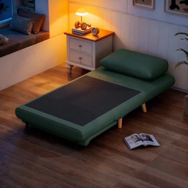 3 in 1 Slaapstoel Met Bed Functie, Ligstoel, Verstelbare Rugleuning, Beukenhouten Poten, Kussen, Donkergroen