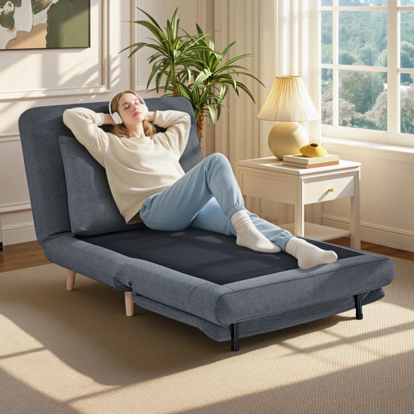 3 in 1 Slaapstoel Met Bedfunctie, Ligstoel, Verstelbare Rugleuning, Beukenhouten Poten, Kussen, Grijs