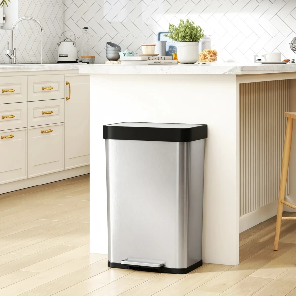 60 L Vuilnisbak Met Voetpedaal, Roestvrijstalen Afvalbak Met Zacht Sluitend Deksel, Zilverkleurig