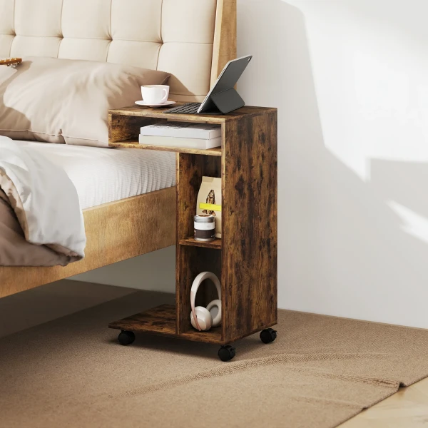 Bijzettafel, C vormige Serveerwagen, 4 Wielen, 3 Vakken, 40 X 30 X 69 Cm, Rustiek Bruin