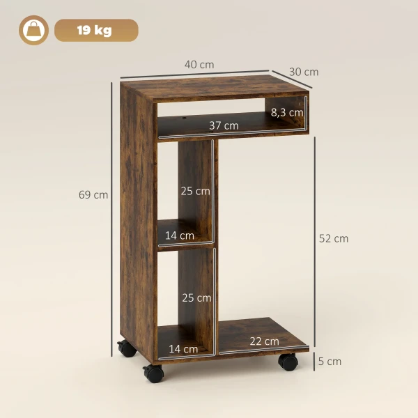 Bijzettafel, C vormige Serveerwagen, 4 Wielen, 3 Vakken, 40 X 30 X 69 Cm, Rustiek Bruin