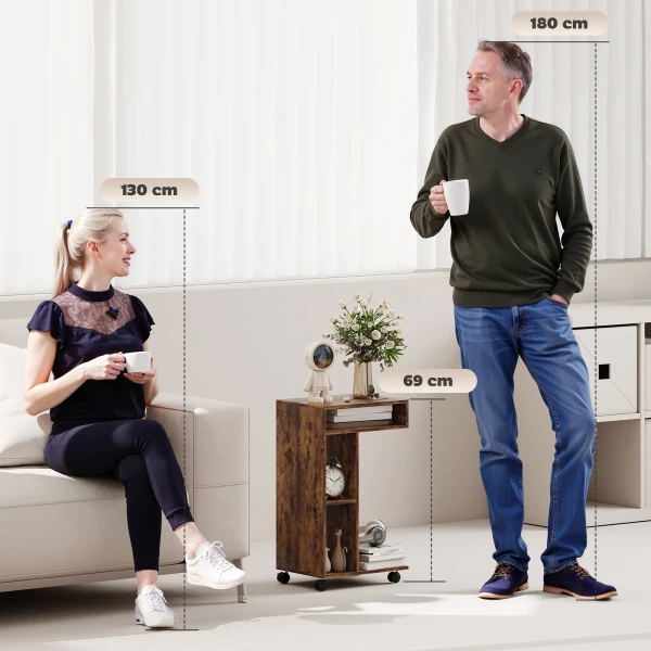 Bijzettafel, C vormige Serveerwagen, 4 Wielen, 3 Vakken, 40 X 30 X 69 Cm, Rustiek Bruin