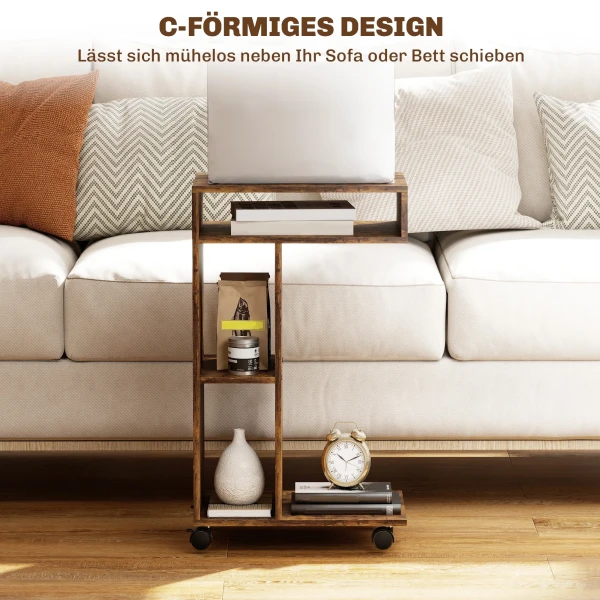 Bijzettafel, C vormige Serveerwagen, 4 Wielen, 3 Vakken, 40 X 30 X 69 Cm, Rustiek Bruin