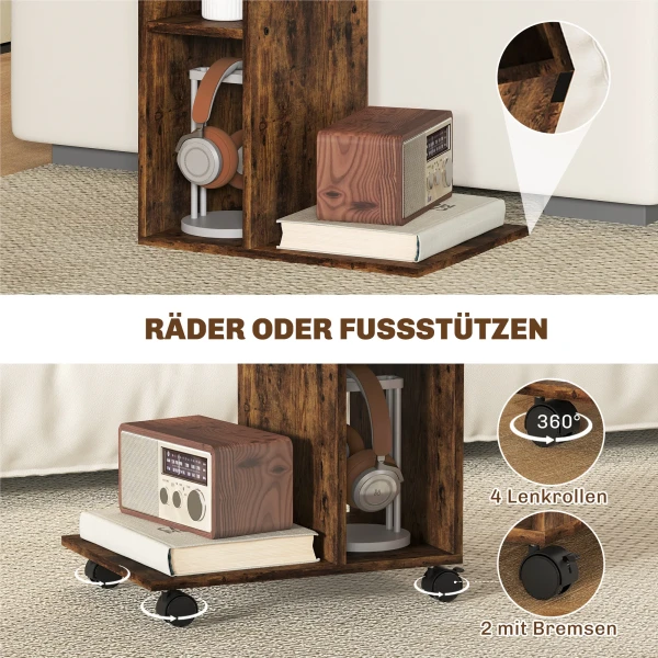 Bijzettafel, C vormige Serveerwagen, 4 Wielen, 3 Vakken, 40 X 30 X 69 Cm, Rustiek Bruin