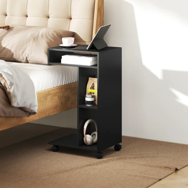 Bijzettafel, C vormige Serveerwagen, 4 Wielen, 3 Vakken, 40 X 30 X 69 Cm, Zwart
