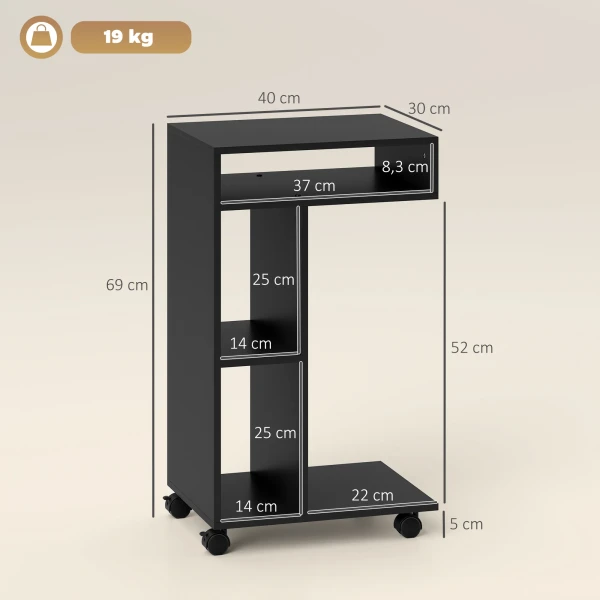 Bijzettafel, C vormige Serveerwagen, 4 Wielen, 3 Vakken, 40 X 30 X 69 Cm, Zwart