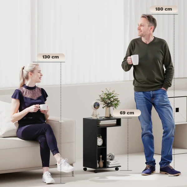 Bijzettafel, C vormige Serveerwagen, 4 Wielen, 3 Vakken, 40 X 30 X 69 Cm, Zwart