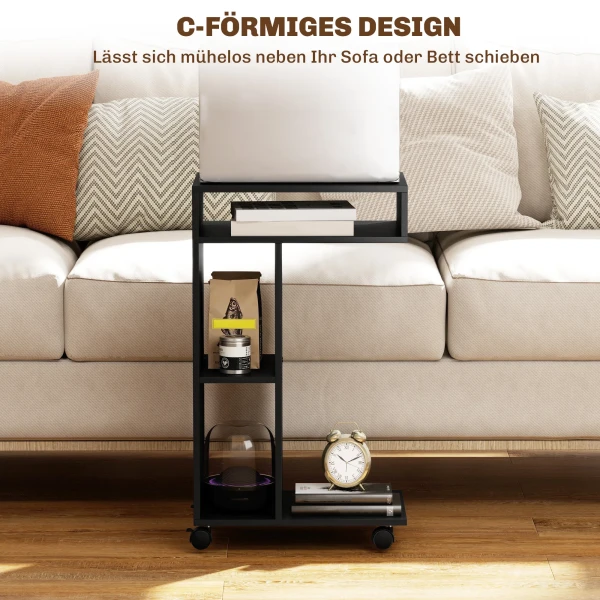 Bijzettafel, C vormige Serveerwagen, 4 Wielen, 3 Vakken, 40 X 30 X 69 Cm, Zwart