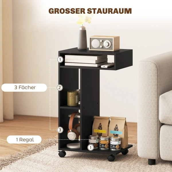 Bijzettafel, C vormige Serveerwagen, 4 Wielen, 3 Vakken, 40 X 30 X 69 Cm, Zwart