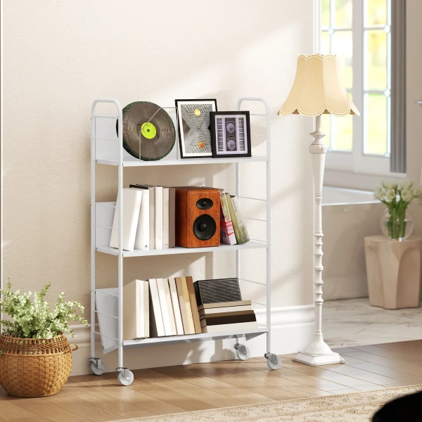 Boekenkast Opbergrek Met 3 Niveaus, Wielen, Speelgoedrek Voor Slaapkamer, 69 X 26 X 108 Cm, Wit