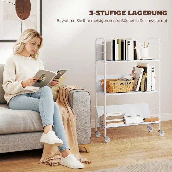 Boekenkast Opbergrek Met 3 Niveaus, Wielen, Speelgoedrek Voor Slaapkamer, 69 X 26 X 108 Cm, Wit