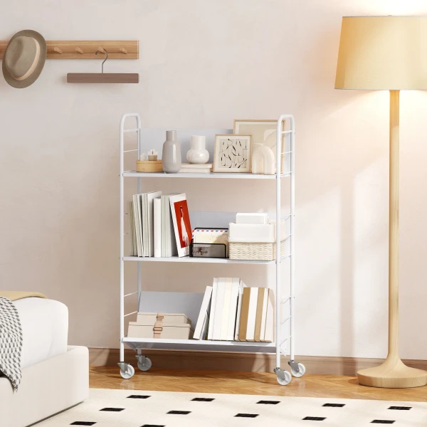 Boekenkast Opbergrek Met 3 Niveaus, Wielen, Speelgoedrek Voor Slaapkamer, 69 X 26 X 108 Cm, Wit