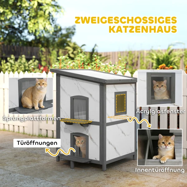 Buitenhuis Voor Katten, Houten Kattenhuis, Meerdere Ingangen, Ramen, Waterdicht, 60 X 60 X 88 Cm, Wit