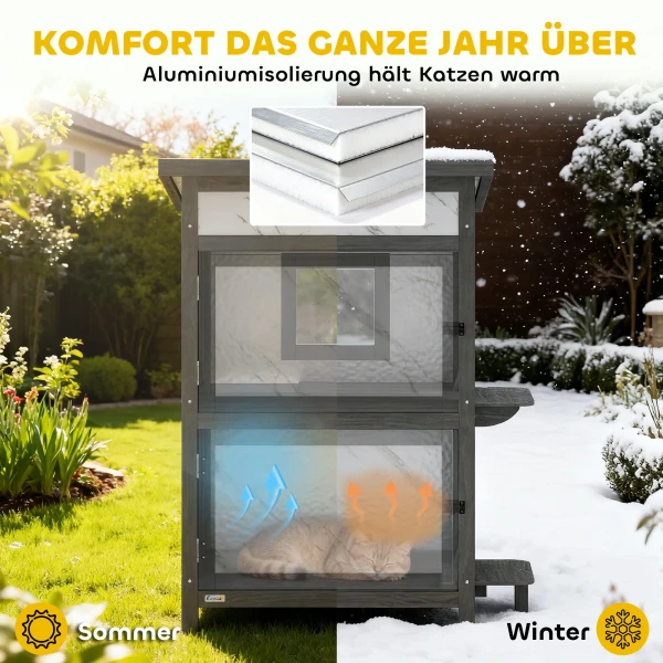 Buitenhuis Voor Katten, Houten Kattenhuis, Meerdere Ingangen, Ramen, Waterdicht, 60 X 60 X 88 Cm, Wit