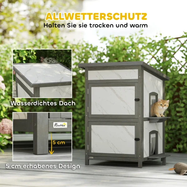 Buitenhuis Voor Katten, Houten Kattenhuis, Meerdere Ingangen, Ramen, Waterdicht, 60 X 60 X 88 Cm, Wit