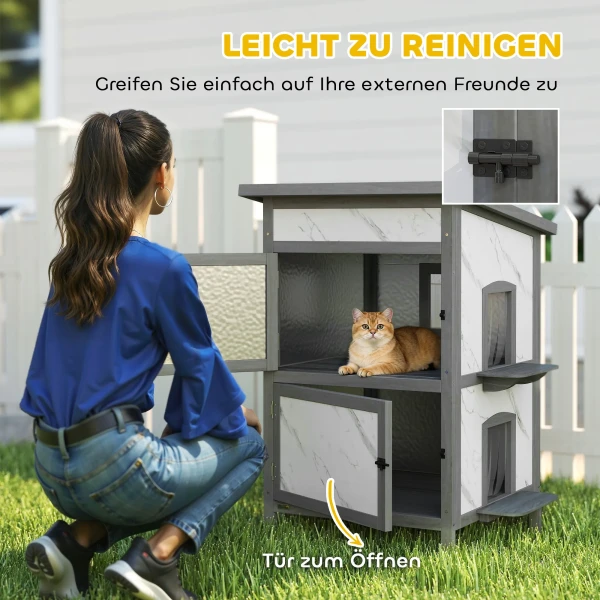 Buitenhuis Voor Katten, Houten Kattenhuis, Meerdere Ingangen, Ramen, Waterdicht, 60 X 60 X 88 Cm, Wit